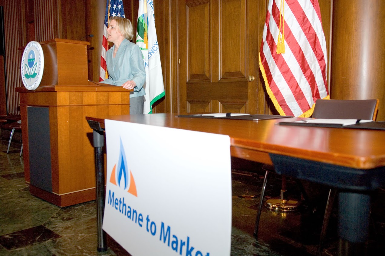 Dina Kruger, U.S. EPA Climate Change Division Director, speaking at the MOU signing between the U.S. and India in support of the Methane to Markets Partnership, 2007. <br><span class='small text-muted'>(2007, Washington D.C., United States, EPA headquarters)</span>